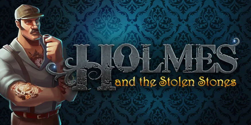 Game banner reading Holmes and the Stolen Stones with a detective and gems