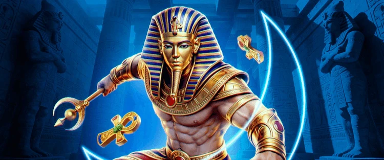 Pharaoh with a scimitar and ankh symbols inside a blue temple