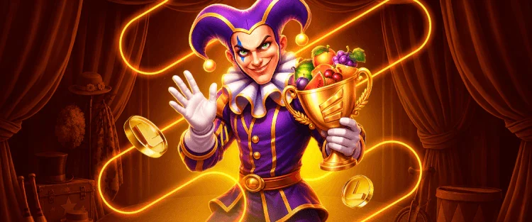 Grinning joker lifting a trophy filled with fruit symbols