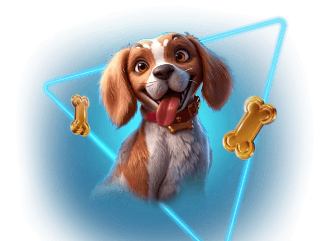 Cheerful spaniel with golden bones inside a blue neon triangle