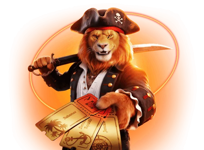 LEON lion in a pirate hat holding a fan of golden tickets
