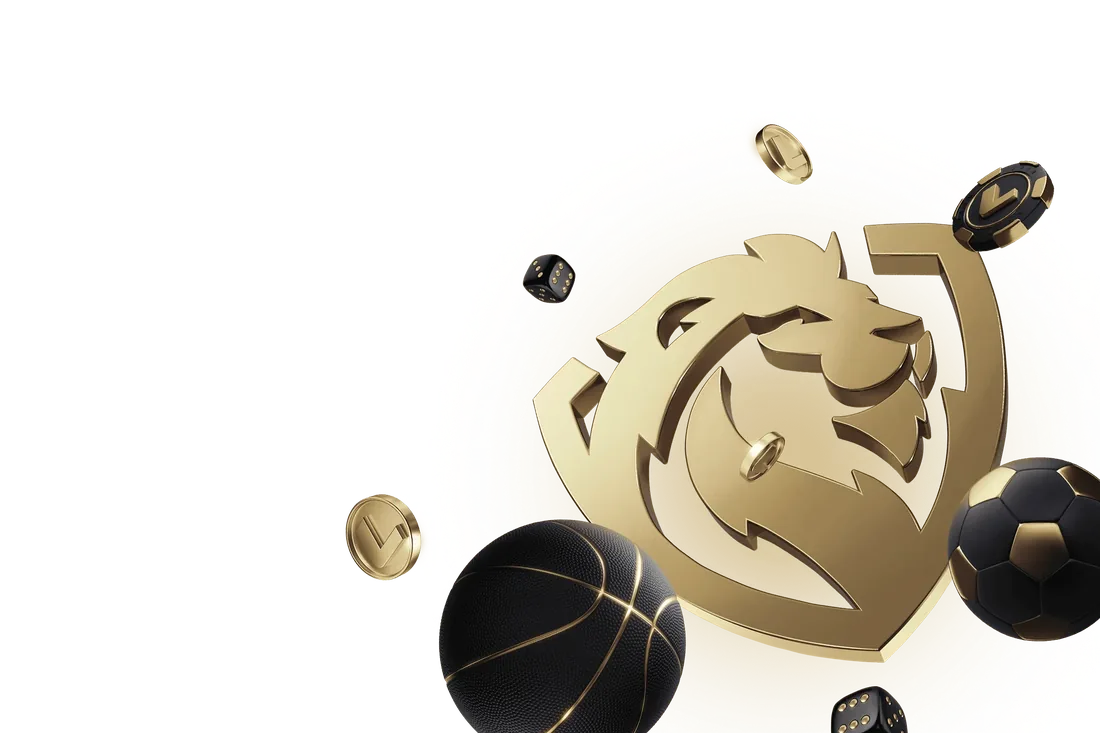 Gold LEON lion crest surrounded by casino chips, dice, a basketball and a soccer ball