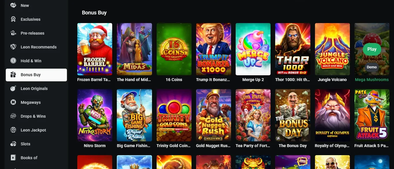 LEON lobby filtered to the Bonus Buy category