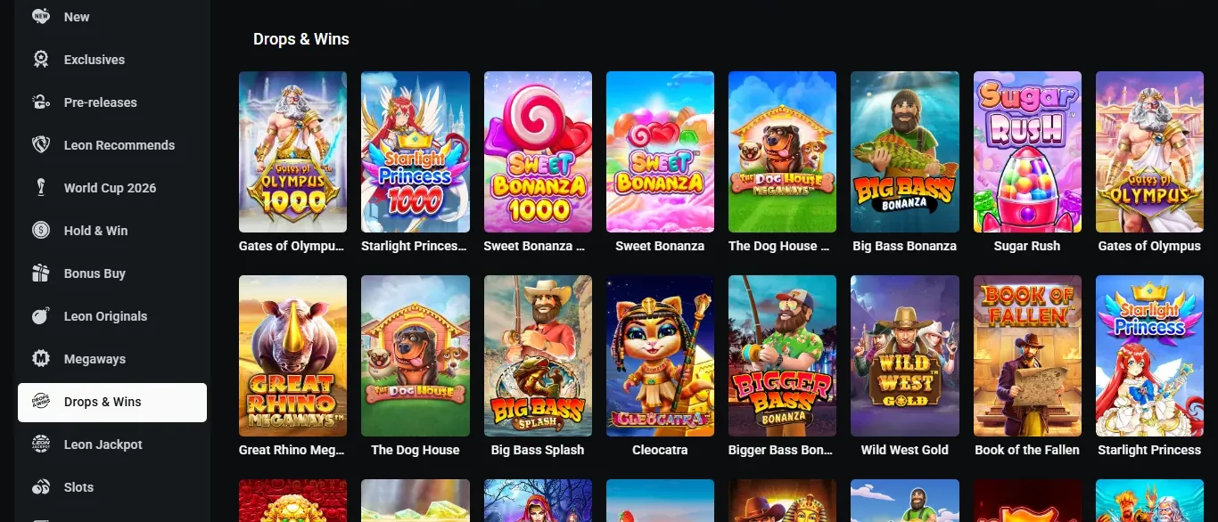 LEON lobby filtered to Drops and Wins tournament pokies