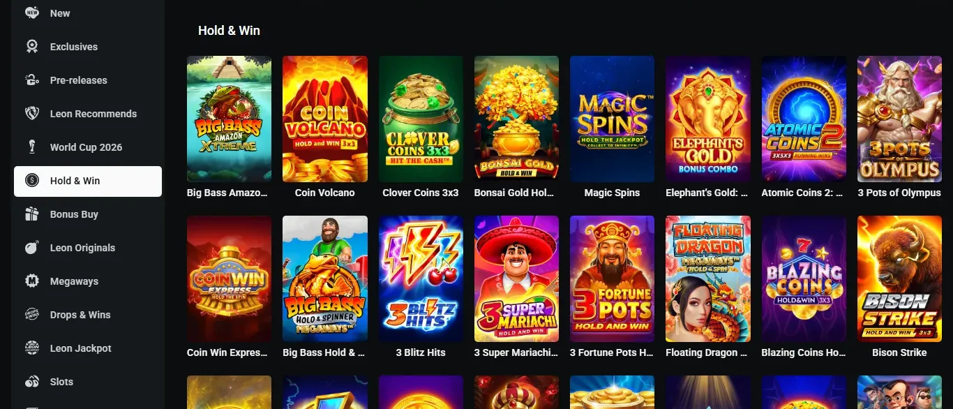 LEON lobby filtered to Hold and Win pokies