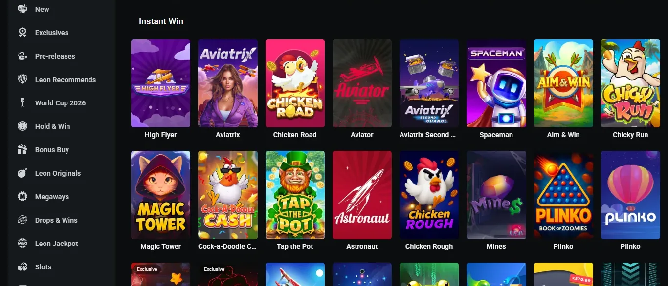 LEON instant win games section with quick-play titles