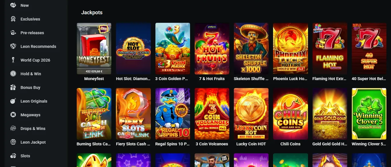 LEON lobby filtered to the Jackpots category