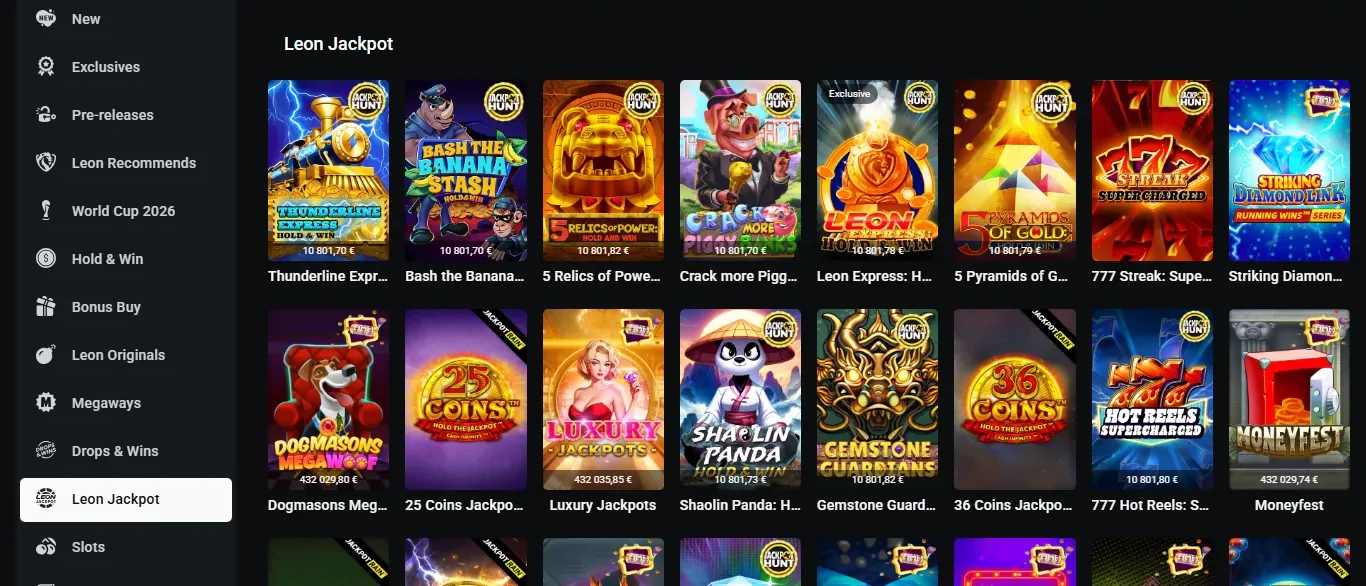 LEON Jackpot section of the lobby with the operator's own titles