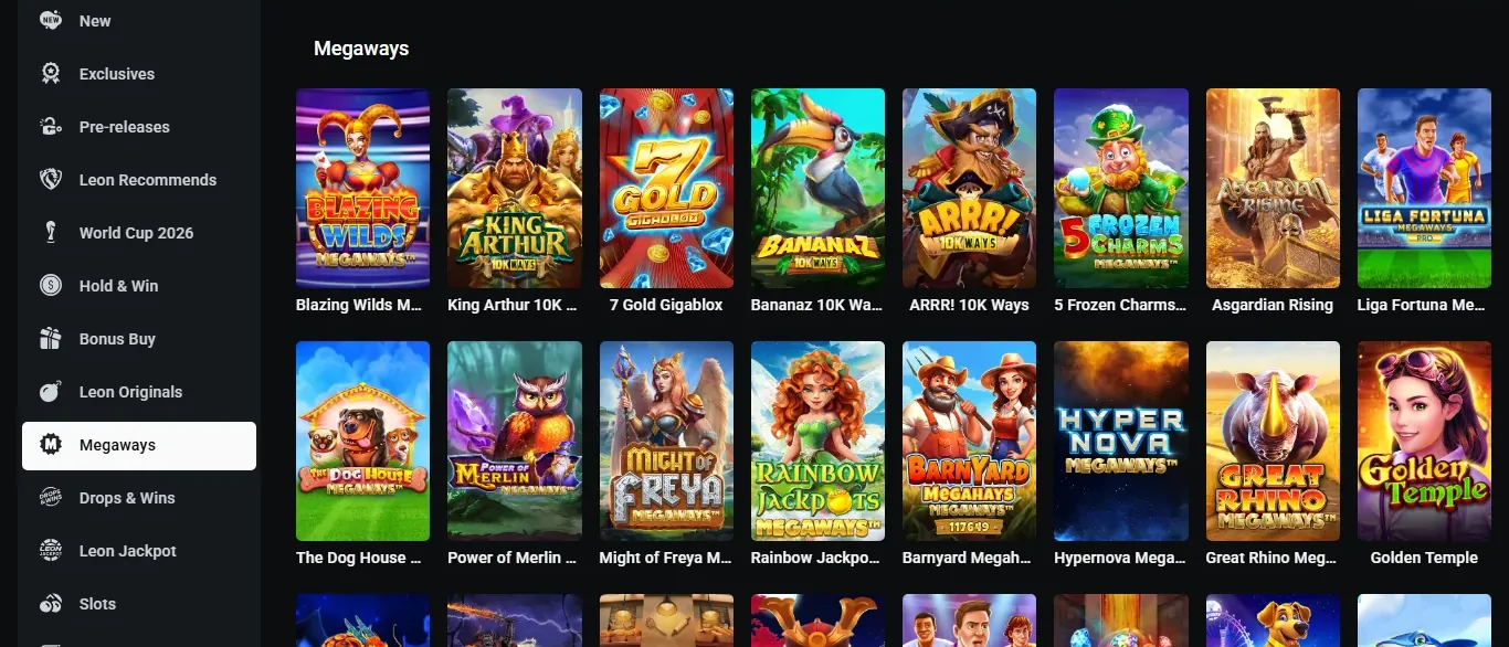 LEON lobby filtered to Megaways pokies