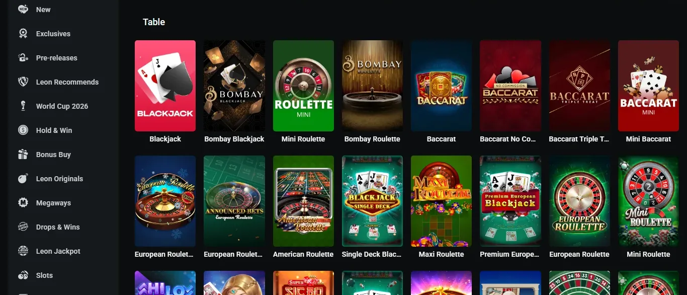 LEON table games section listing roulette, blackjack and baccarat titles