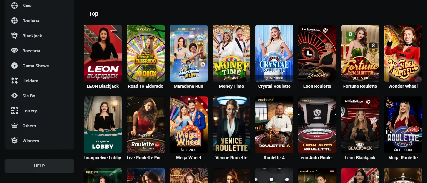 LEON live casino top games row with roulette and blackjack tables