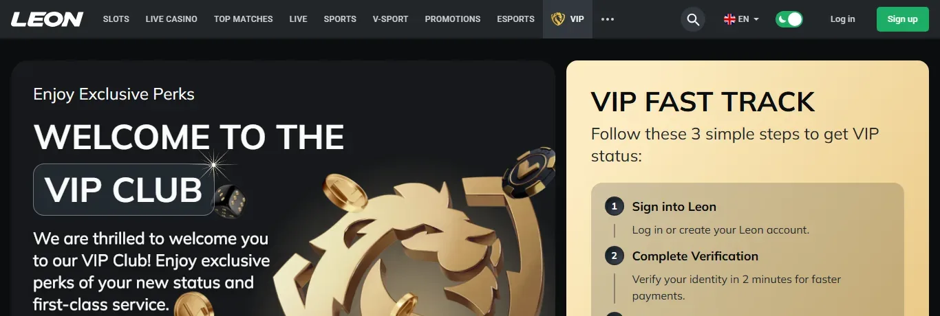 LEON VIP Club page with the VIP Fast Track steps
