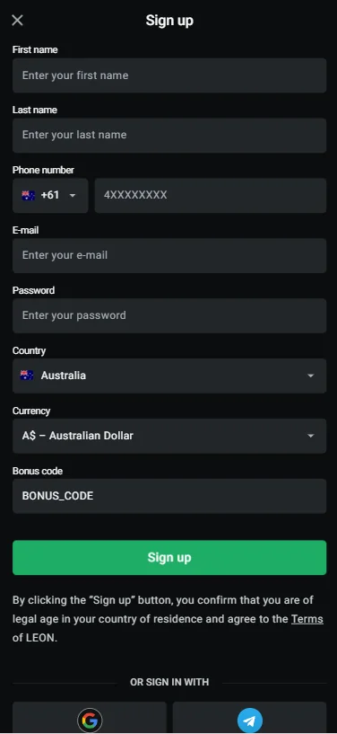 LEON Casino Australia Registration Form